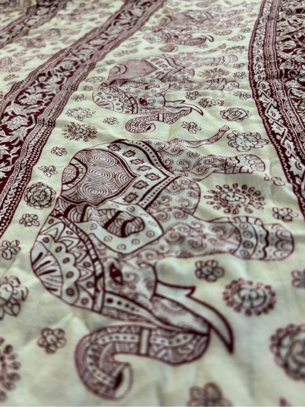 Elephant Print Anthropologie Fringed Wrap Scarf in Cream and Burgundy
